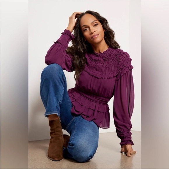 NWT Farm Rio Plum Ruffle Blouse Sz Small | Boho Romantic Long Sleeve top - Picture 1 of 5
